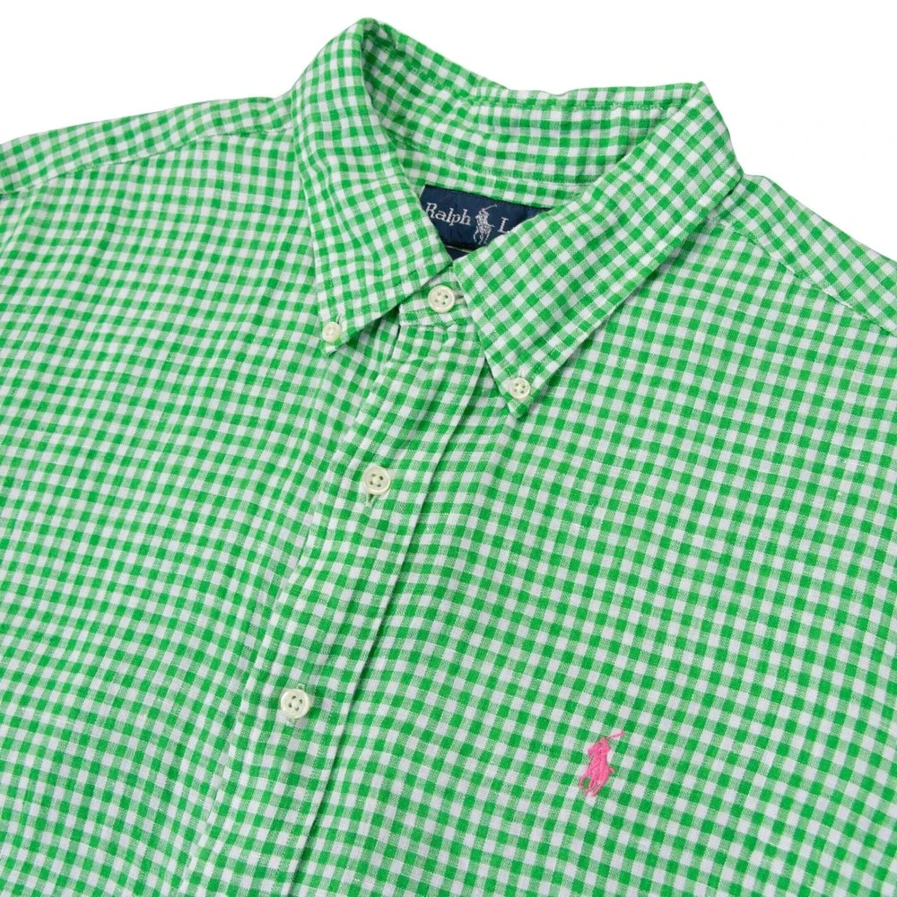 Vintage Polo Ralph Lauren Mens XL Green Gingham Classic Fit 100% Linen SS Shirt